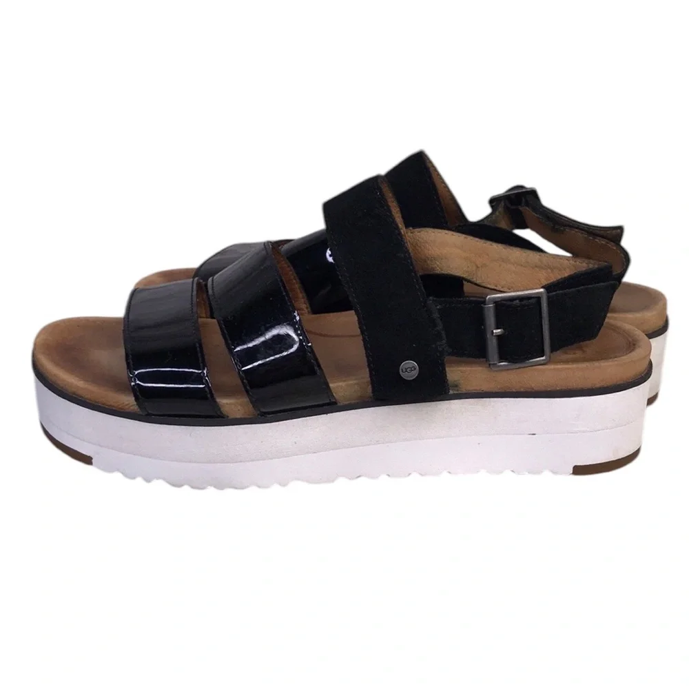 UGG Australia Womens Size 8 Braelynn Sandals Platform Black Patent/suede